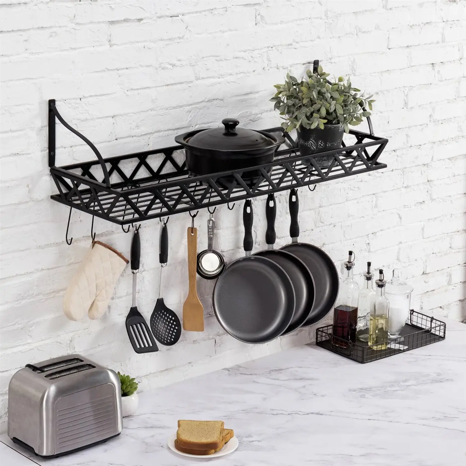 black metal rectangular wall mounted kitchen pot rack with 12 hooks
