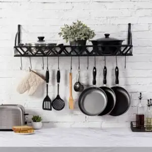 black metal rectangular wall mounted kitchen pot rack with 12 hooks