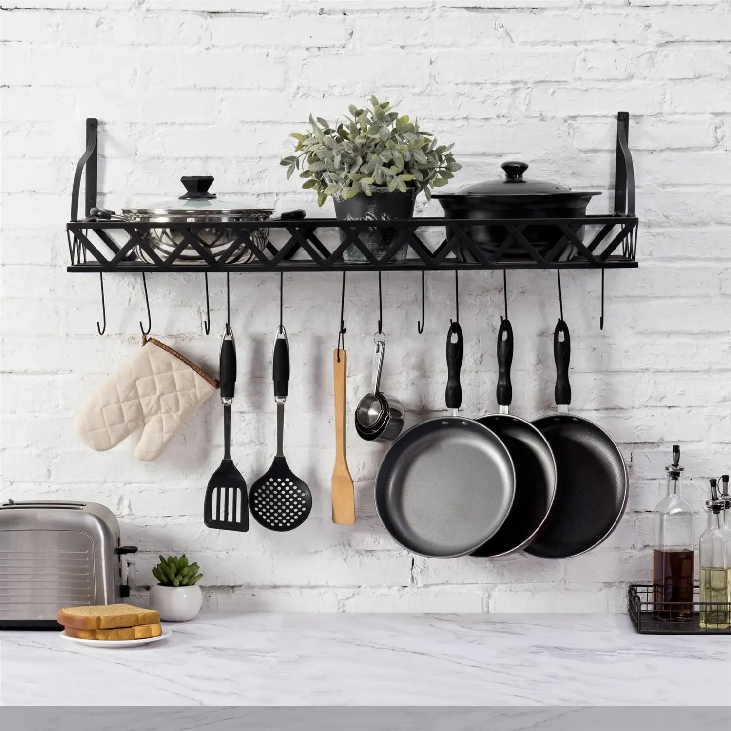 black metal rectangular wall mounted kitchen pot rack with 12 hooks