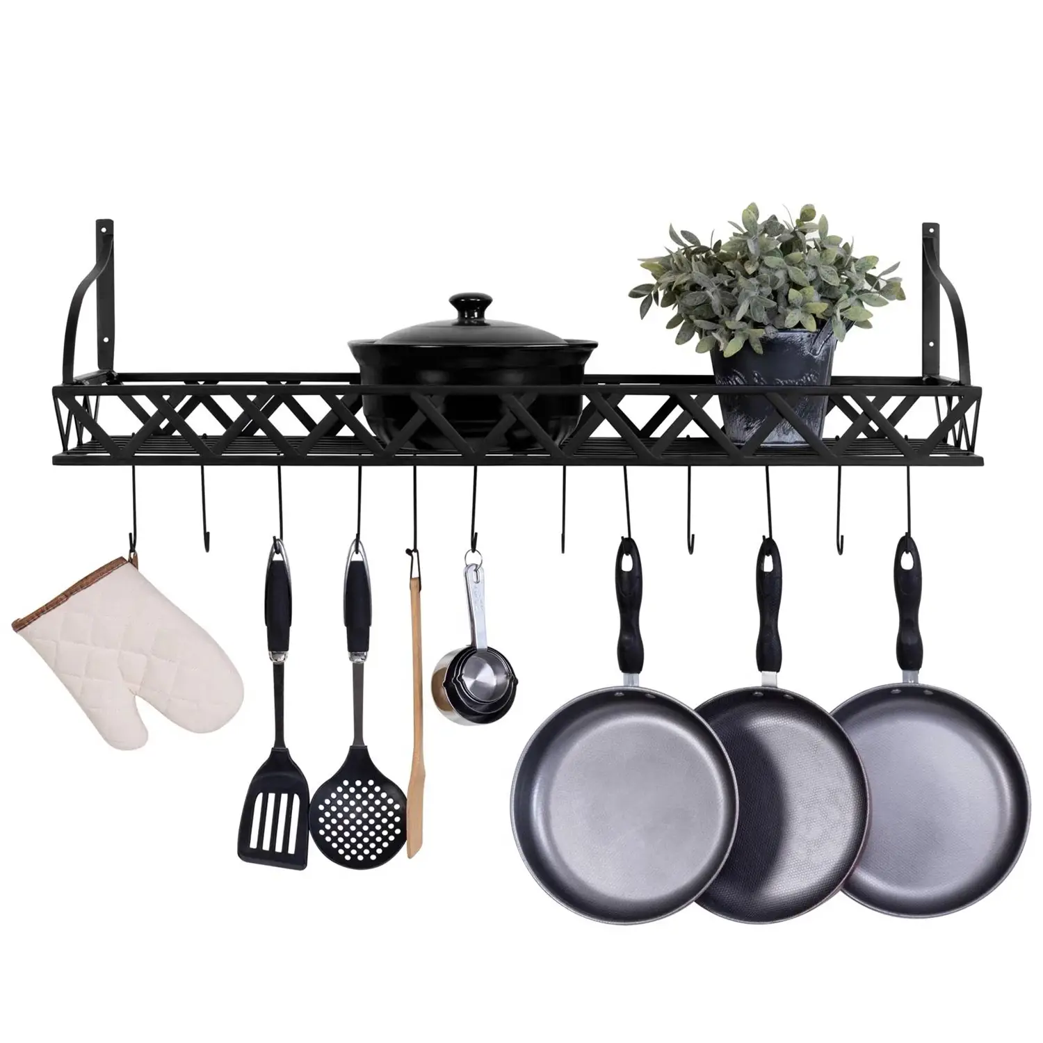 black metal rectangular wall mounted kitchen pot rack with 12 hooks