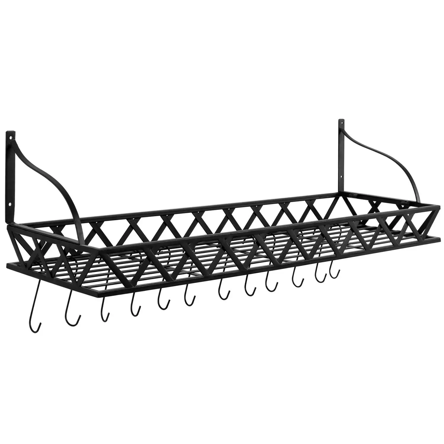 black metal rectangular wall mounted kitchen pot rack with 12 hooks