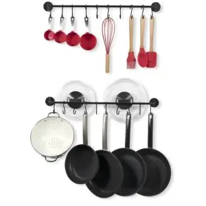 set of 2 black metal wall mounted pot racks with 20 hanging hooks