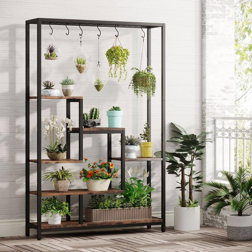 industrial metal & wood plant stand with 10 hanging hooks