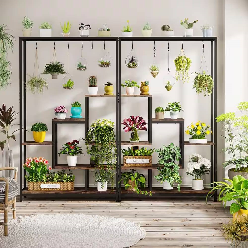 industrial metal & wood plant stand with 10 hanging hooks