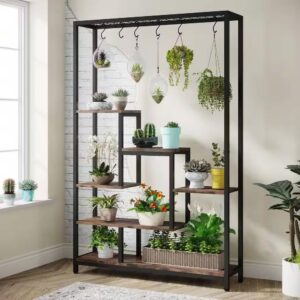 industrial metal & wood plant stand with 10 hanging hooks