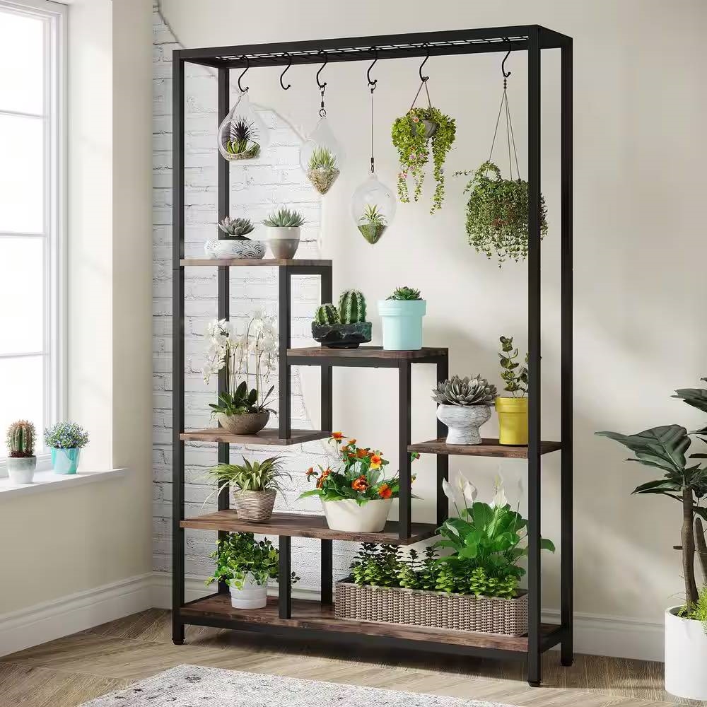 industrial metal & wood plant stand with 10 hanging hooks
