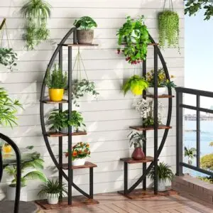 set of 2 symmetrical modern metal & wood 10 shelf plant stands